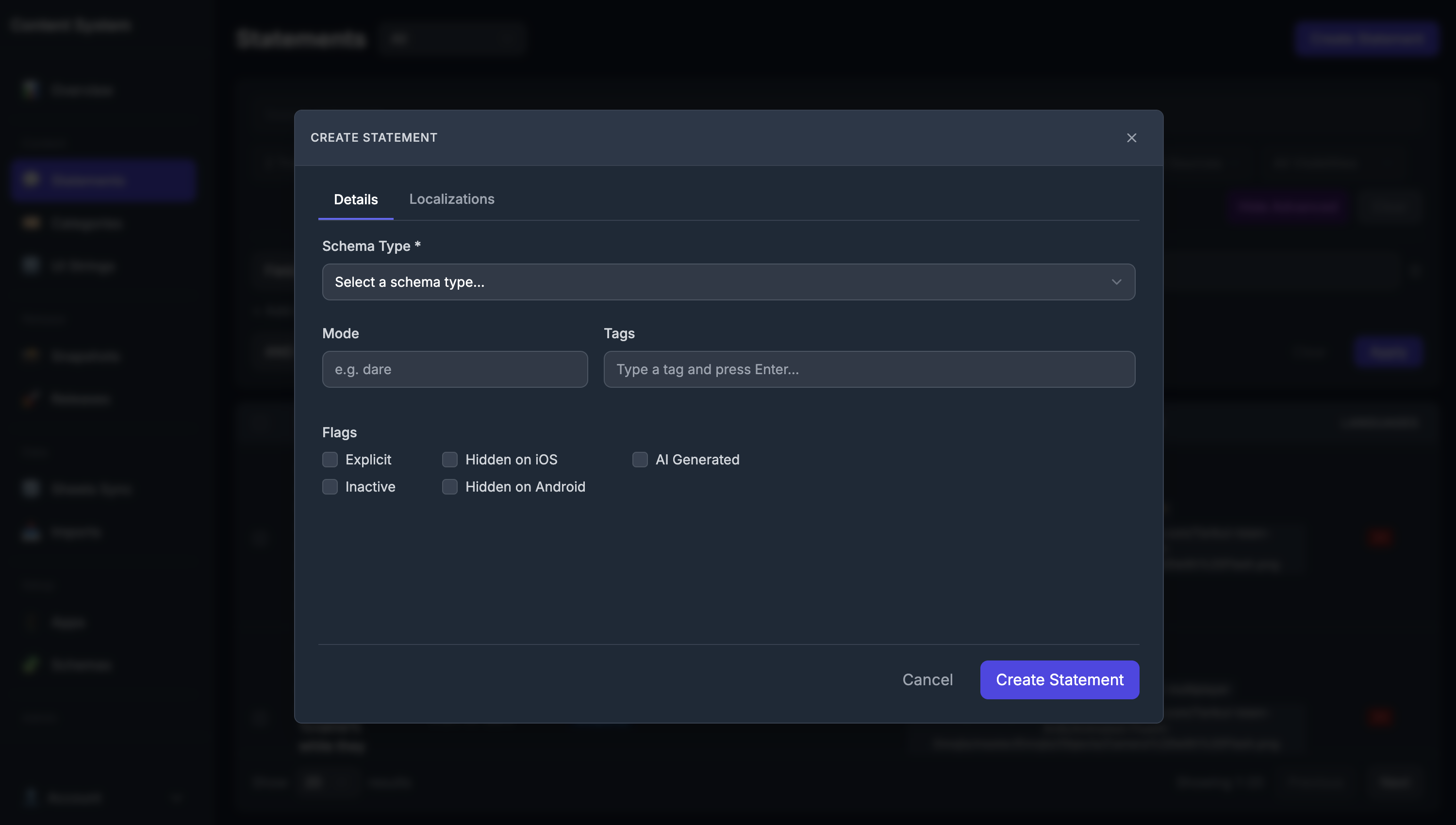 Statement creation with localized text