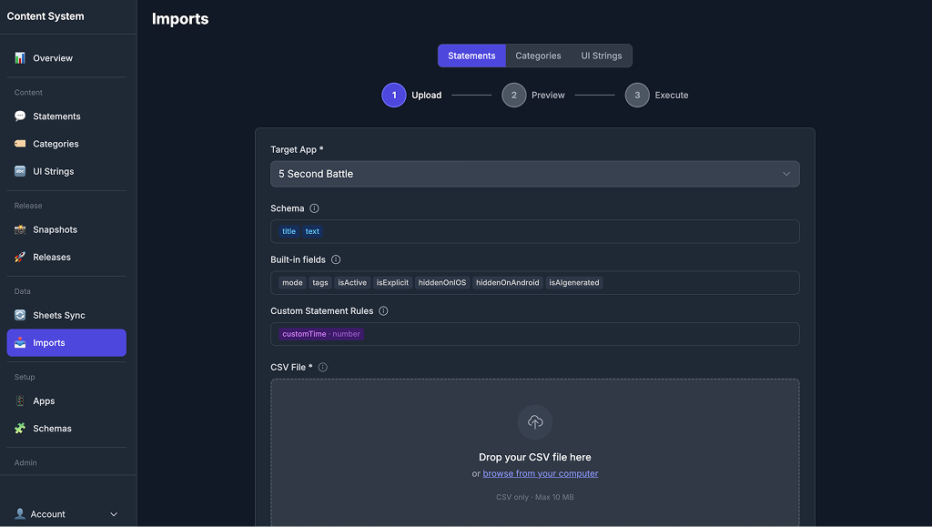 CSV import wizard